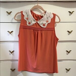 LOFT Coral Sleeveless Blouse with Floral Embroidery